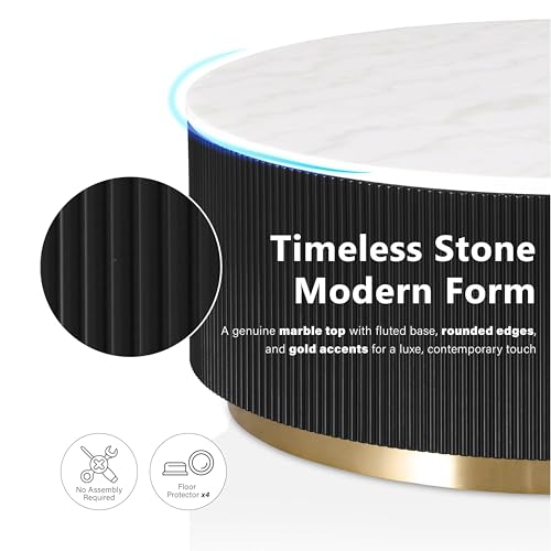 Image of Furniture of America Beryl Modern Round White Genuine Marble Top Coffee Table with Fluted Pedestal Base and Gold Stainless Steel Accent, Low Profile Table for Living Room, Home Office, Black