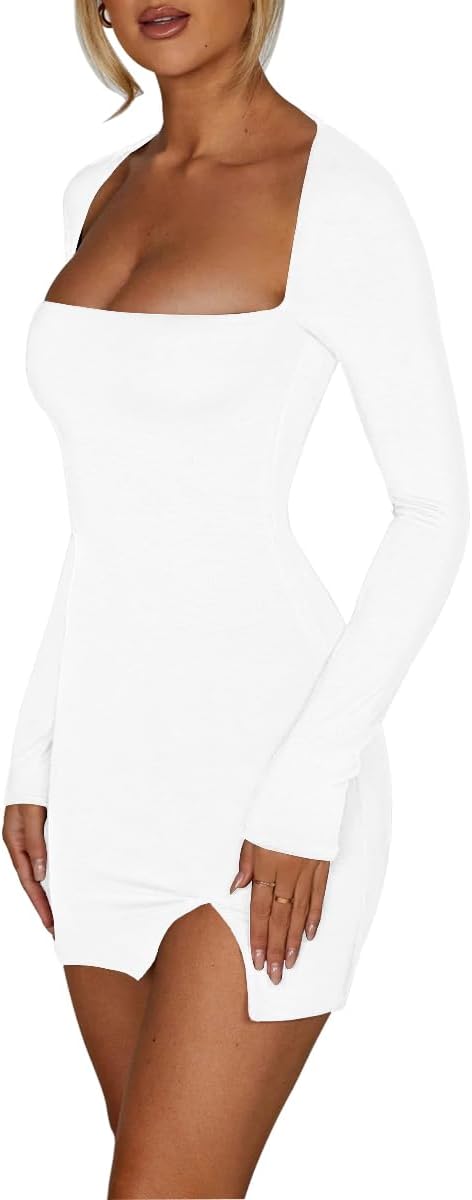 Women's Sexy Drawstring Long Sleeve Square Neck Cut Out Backless Side Slit Bodycon Mini Dress Clubwear - Image 4