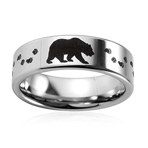Men's 8mm Polished Tungsten Ring with Engraved Bear and Tracks4