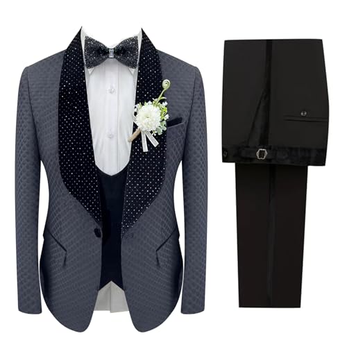 Men's 3 Piece Slim Fit Cotton Square Patterned Jacquard Shawl Lapel with Stone Tuxedo Suit for Wedding Prom Dinner