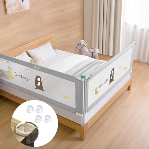 Image of Safe-O-Kid 1-Year Warranty 6 Feet /180Cm Baby Bed Rail, Adjustable Height, Baby Safety Bed Railing for Secure Sleep, Bed Guard for Babies, Grey-Pack of 2