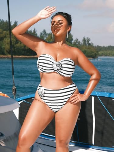 OYOANGLE Women's Plus Size Strapless Bandeau Bikini Set Striped Print 3D Floral Bathing Suits High Waisted Swimsuit4