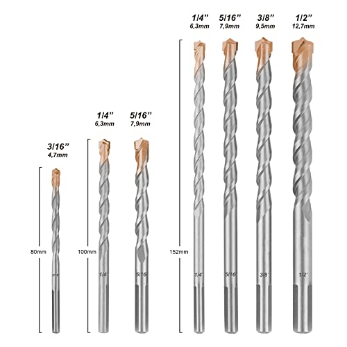 Comoware Concrete Drill Bit -7Pcs Masonry Drill Bit Set Carbon Steel Carbide Tip Triangle Shank Best For Brick, Masonry, Concrete, Rock, Ceramic Tile, Cement, 3/16"-1/2" #TOP2
