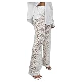 MOSSTYUS Women Floral Lace Sheer Mesh Pants See Through Straight Leg Pants Hollow Out Trousers Cover Up Y2K,White M