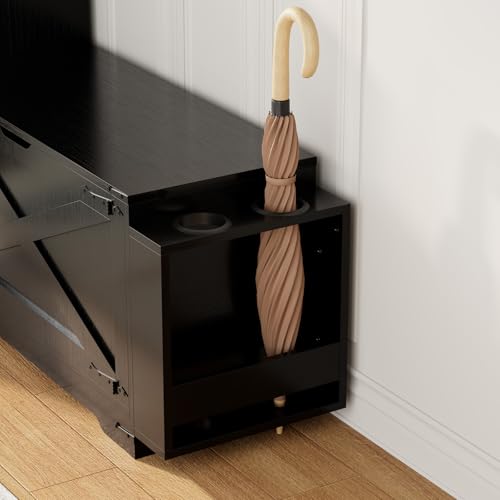Image of GOODONE 52 inch Farmhouse Shoe Cabinet with Bench, L-Shaped Shoe Storage Bench with Umbrella Stands, Tall Shoe Organizer Cabinet with Adjustable Shelves for Entryway, Living Room, and Stairwell(Black)