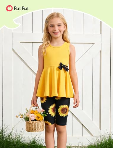 Image of PATPAT Girls Summer 2 Piece Outfits 4-12Y Butterfly Bow Sleeveless Tunic Tops and Floral Print Shorts Cute Clothes