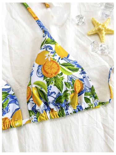 GORGLITTER Women's High Waisted Thong Bikini Set Lemon Graphic Halter Triangle Top Swimsuit Bathing Suit3