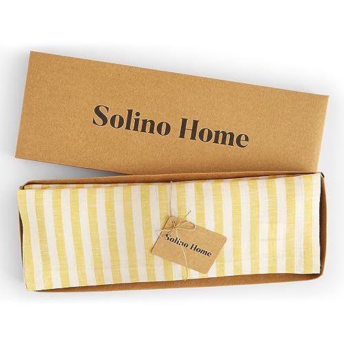 Image of Solino Home 100% Pure Linen Placemats, 14 x 19 in, Yellow Striped, Set of 4 | Amalfi Stripe, define each seat for daily meals and dining, woven stripe, European flax fibres, soft, OEKO-TEX Certified