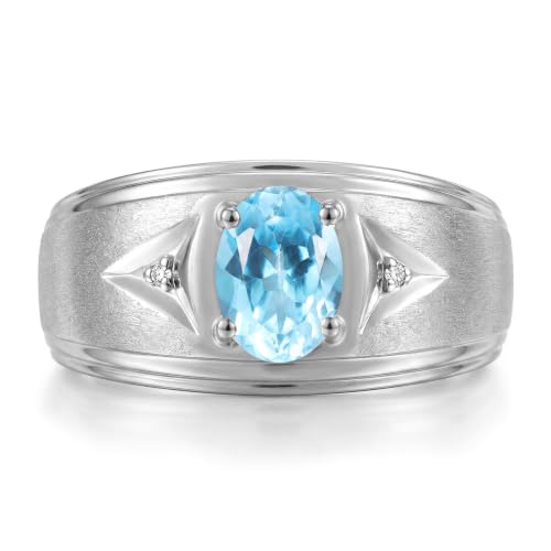 Image of Rylos Men's Rings Classic Design 8X6MM Oval Gemstone & Sparkling Diamond Ring - Color Stone Birthstone Rings for Men, Sterling Silver Rings in Sizes 8-13. Elevate Your Style with Timeless Elegance!