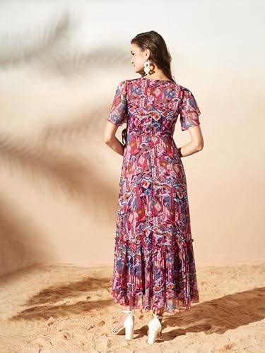 Image of Miss Chase Women's Floral V-Neck Flutter Sleeve Wrap Chiffon Maxi Dress