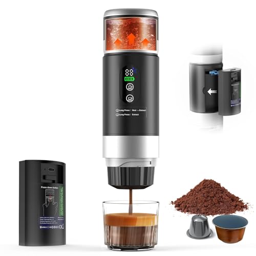 Cafetera Espresso Eléctrica Portátil 3 en 1, viene con una batería extraíble, Cafetera de Viaje para Camping, Cafetera de Coche Autocalentable con USB-C, para Café Molido y Cápsulas Pequeña/Grande