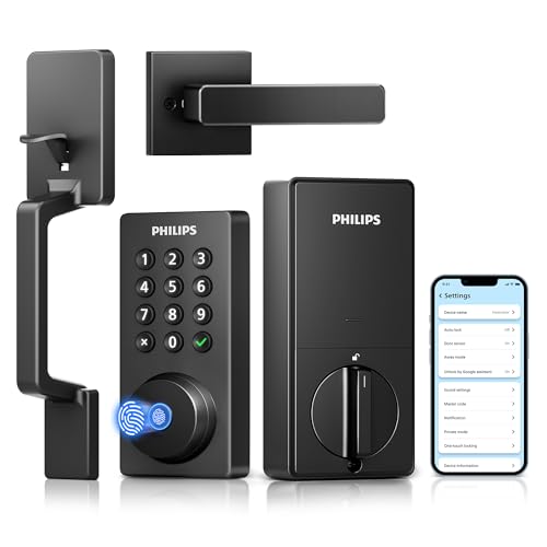 Philips Wi-Fi Smart Door Lock Deadbolt with Handle Set, Keyless Entry Door Lock for Front Door Set, Portable Fingerprint Door Lock with App Control, IP53 Waterproof, Auto Lock, Alexa Voice C