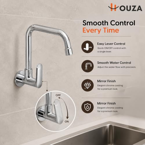 Image of HOUZA Brass Kitchen Sink Tap Faucet | Kitchen Tap with 360 Degree Flexible Swivel Spout | Water Saving Aerated Flow Kitchen Faucet for Sink (Chrome Finish, Silver)