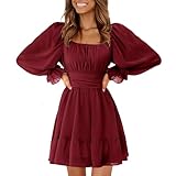 EXLURA Women Tie Back Wedding Guest Dresses Long Lantern Sleeve Square Neck Ruffle Elastic Waist Aline Casual Mini Dress Wine Red