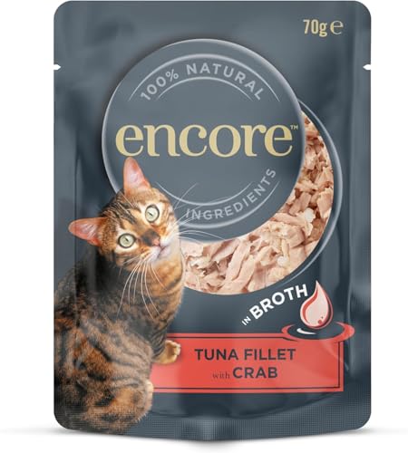 Encore 100% natürliches Premium Nassfutter für Katzen mit saftigem Thunfisch und Pazifikkrabben in Brühe - Packung mit 16 x 70g Beuteln