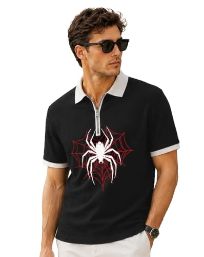 Image of AUSK Men's Waffle Texture Polo T-Shirt || Spider Graphic Printed Half Sleeve Zip Collar T Shirt for Men || Regular Fit Casual Wear Tshirt || Stylish Summer Tee for Mens
