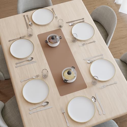 Image of Encasa XO Leather Dining Table Runner | Water & Heat Resistant Double-Layer Runners with Suede Top | Wipeable & Durable Table Runner for Centre Table | 30x85 cm - Taupe
