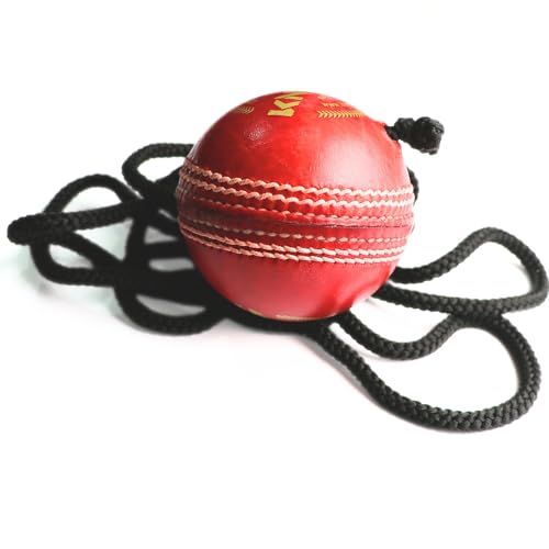 Image of KHELSPACE Knock Leather Cricket Hanging Ball with Rope, Professional Grade Training Ball, Hand-Stitched, Standard Size, Red