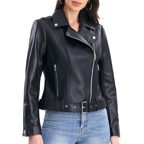 Lambskin Leather Jacket Women,Motorcycle Jacket,Classic Asymmetrical Zip Style,Buckle Belts,Multiple Pockets