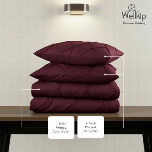 Image of Pinch Pleated Duvet Cover Set 1000TC 100% Cotton Premium 3-Pieces 1-Duvet Cover & 2-Pillow Cover Luxury Look Home and Hotel Zipper & 8-Tie Closure (Burgundy, Super King 100 X 108 Inch)