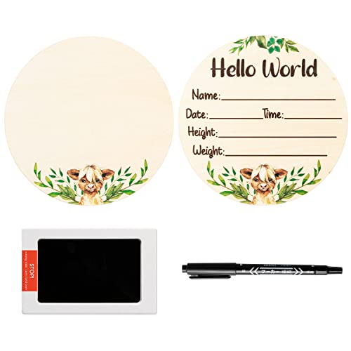 Image of R HORSE Baby Birth Announcement Sign with Marker Pen Newborn Wooden Baby Birth Sign with Ink Pad for Hand and Footprints Double-Sided Highland Cow Newborn Announcement Sign for Baby Shower Keepsake