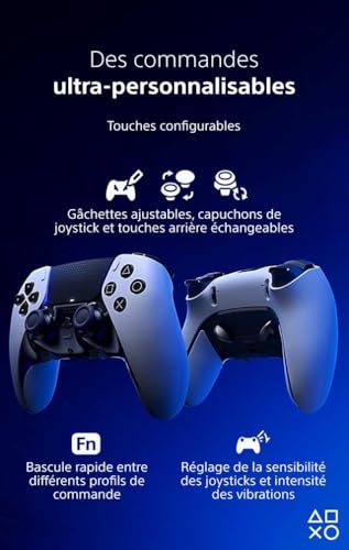Sony, Manette DualSense Edge Officielle pour PS5 et PC, Sans Fil, Commandes Ultra-Personnalisables + Profils Interchangeables + Confort Amélioré, Boîte de Transport Incluse, Couleur : Blanche et Noire
