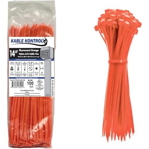 Kable Kontrol Cable Zip Ties, 14 Inch, 100 Pcs, 50lbs Test, FL Orange