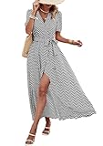 PRETTYGARDEN Women's Boho Floral Maxi Dress Summer Short Sleeve Wrap V Neck Long Flowy Beach Vacation Wedding Guest Dresses (Dot Black White,Large)