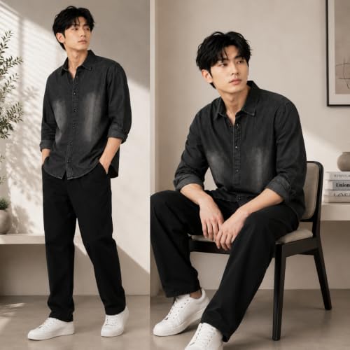 DESIGNALLY Men's Washed Denim Shirt, Dark Grey - Image 5