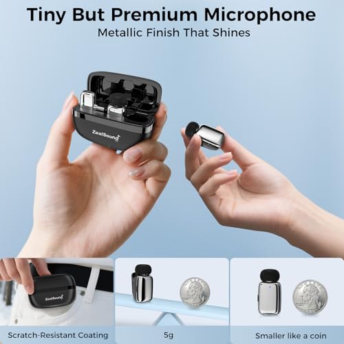 Zealsound Mini Wireless Lavalier Microphone for iPhone Android and USB C Laptop, Dual Clip On Lapel Mics with Noise Cancelling, 48kHz 24Bit, Plug and Play for Vlog, YouTube, Podcast and Interviews, Silver - Image 5