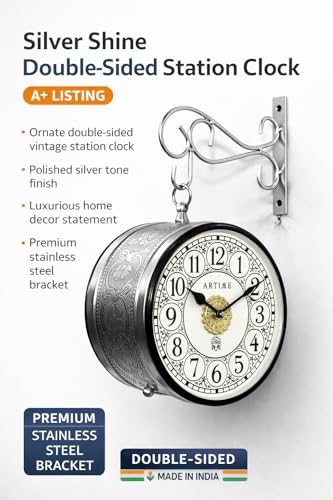 Image of Handcrafted Double Side Metal Analog Vintage Wall Clock | 1.5 Year Machine Warranty | 8 Inchs |1 Side Number & 1 Side Roman Numeral | Black Finish