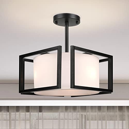Modern Ceiling Light Fixture – Easric Semi Flush Mount Ceiling Light Industrial Light Fixtures Ceiling Mount with Fabric Shade Black Metal Frame Drum Ceiling Lights for Bedroom,Hallway,Kitchen