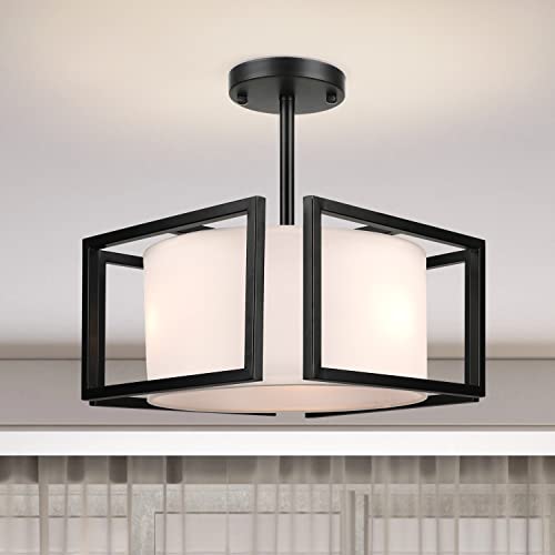 Modern Ceiling Light Fixture - Easric Semi Flush Mount Ceiling Light Industrial Light Fixtures Ceiling Mount With Fabric Shade Black Metal Frame Drum Ceiling Lights For Bedroom,Hallway,Kitchen #TOP14
