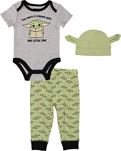 Image of Star Wars The Mandalorian Baby Boys Bodysuit, Pants and Hat Clothing Set - Baby Yoda Baby Boy Clothes