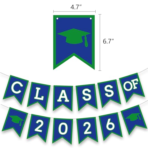 Image of Blue Green Graduation Party Decoration Class Banner Hanging Pom Poms Flowers High School College Grad Supplies