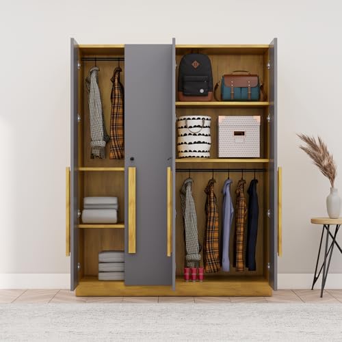 Image of Bniture 3 Door Wardrobe for Bedroom with Lockable Door & Hanging Space | Almirah for Clothes with Elevated Bottom Base | Wardrobe for Storage | 3 Years Warranty (Giant Wood & Slate Grey, HXWB112)