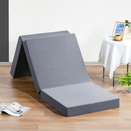 PrimaSleep 4 Inch Tri-Folding Topper, Guest Bed, Sleepover, Dorm Room Bed, Floor Mat, Camping, Easy to Carry, Washable Cover, Narrow Twin (Gray)