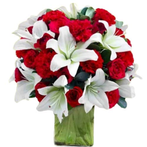 Floralbay Valentine's Day Special Fresh Flowers Glass Vase Arrangement of 15 Red Roses, 15 Red Carnation and 8 White Asiatic Lilies (Bunch of 38)