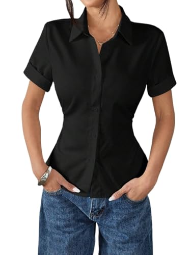 Women's Shirt Women's Shirt Waist Cinch Pleated Short Sleeve Black