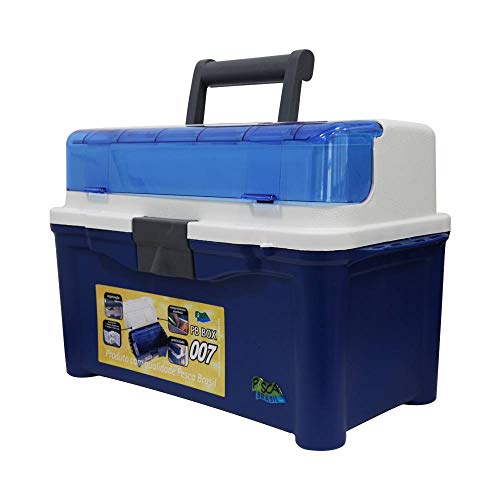 Pesca Brasil, Maleta De Pesca PB Box 007 Com 1 Estojo Papa Isca E 2 Estojos Multiuso, Suporta Mais De 120kgs, Com Abertura Na Tampa, Compartimentos Ajustáveis, Resistente, Durável, Azul e Branco