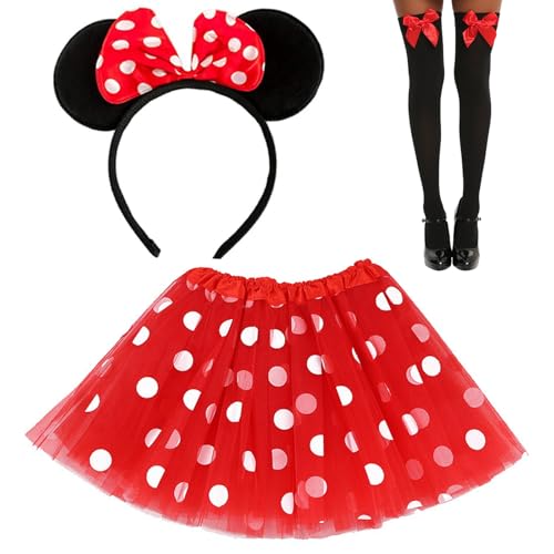 LIURFLNC Minnie Mouse Kostüm Damen, Mickey Mouse Kostüm Set mit Maus Ohren, Mini Maus Kostüm Damen, Mickey Maus Kostüm für Karneval Thema Party Cosplay Party Faschingskostüme