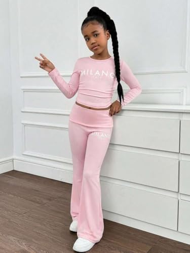 Image of OLMRJKD Girls 2 Piece Outfits Long Sleeve Letter Printed Sweatshirt & Flared Pants Fall Clothing Set Size 7-14 Years