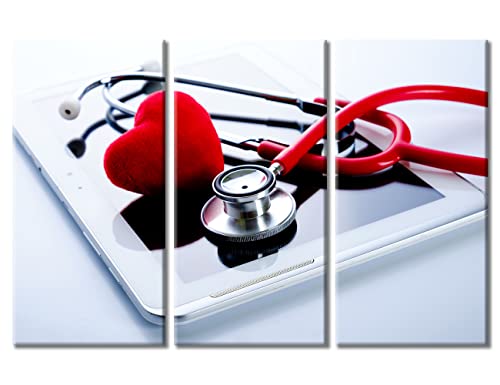 Image of TUMOVO 3 Panel Red Heart Stethoscope Poster Canvas Wall Art Tablet PC Health Medical Technology Concepts Posters and Prints Bathroom Decor Wall Art Print on Canvas Framed Ready to Hang, 60 inch Wx40 H