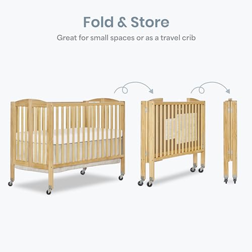 Image of Dream On Me Folding Full Size Convenience Crib In Natural, Two Adjustable Mattress Height Positions, Comes With Heavy Duty Locking Wheels, Flat Folding