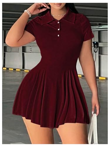 Image of RoseSeek Women's Plus Size Ribbed Knit Golf Dress Button Front Short Sleeve A Line Collared Shirt Dresses