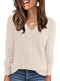 ANRABESS Long Sleeve Shirts for Women V Neck Casual Fall Tops Loose Fit Lightweight Sweaters Tunic Fashion 2025 Clothes Beige Large