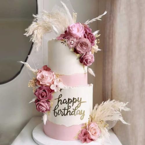 Décoration de gâteau bohème haut de gamme, composition raffinée de pampa séchée et roses