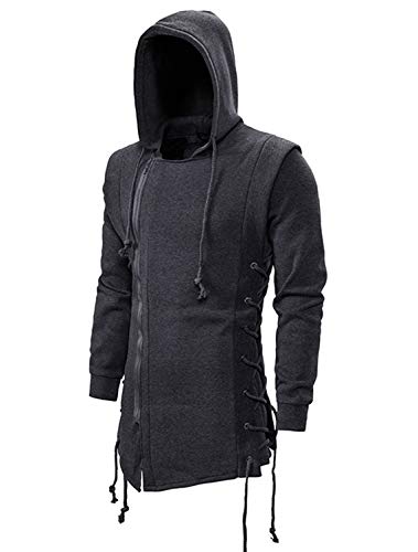 CNSTORE Men Fashion Hoodies Sweatshirts Gothic Assassins Creed Zipper Side Lace Up Jacket Fleece Loose Outwear Grey