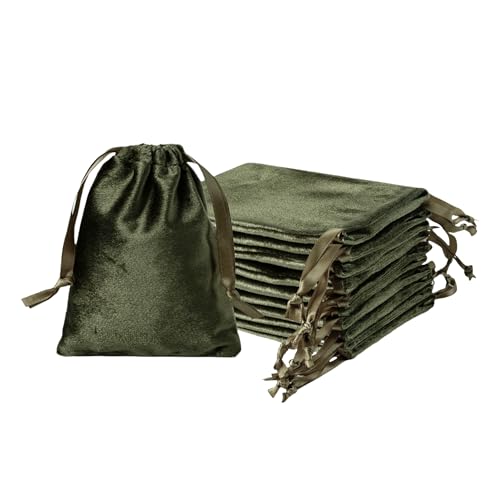 QIANF 12pcs Moss Green Velvet Drawstring Bags 3x4 inches Glossy Small Velvet Cloth Gift Bags Jewelry Pouches for Jewelry Storage Wedding Party Favor Christmas