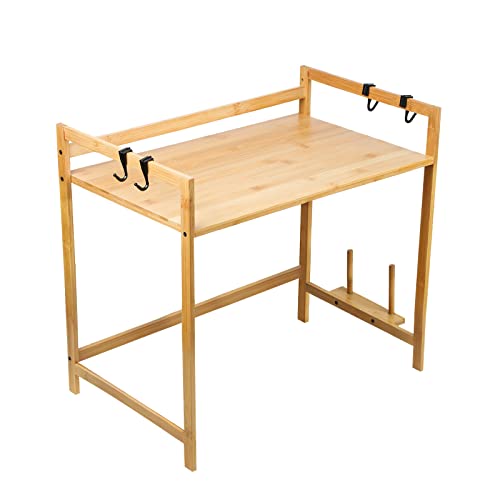 Willonin Supporto a microonde in legno, supporto per forno a microonde, mensola da cucina a 1 livelli, con 4 ganci, altezza regolabile (52 x 35 x 42 cm)